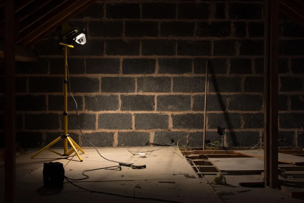 Dim crawl space with a work light, pest inspection
